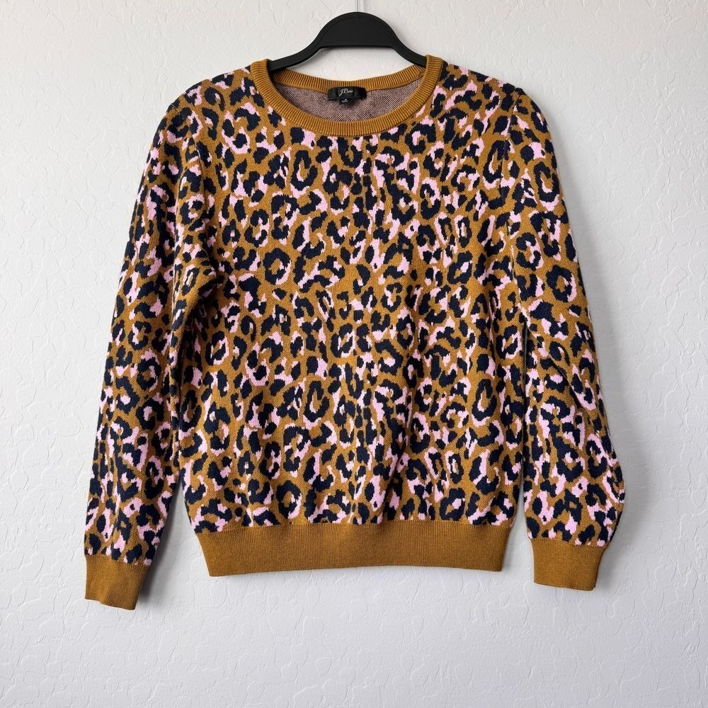 J.Crew Leopard Print Sweater‎ Crewneck Pullover Knit Top Pink Black Small
